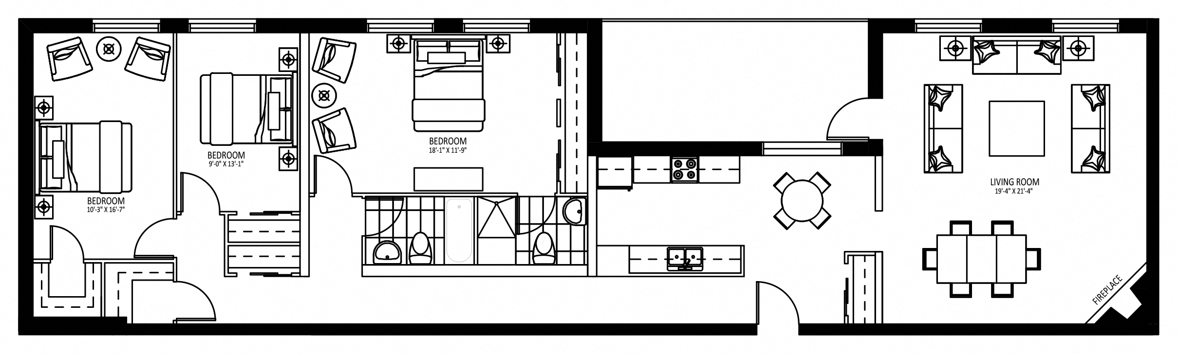 Floor plan for 3 beds, 2 baths, 1735 sqft